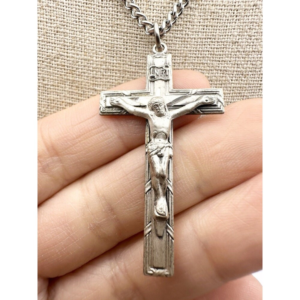 Vintage Sterling Silver Chapel Crucifix Cross Pendant Medal Necklace 23”